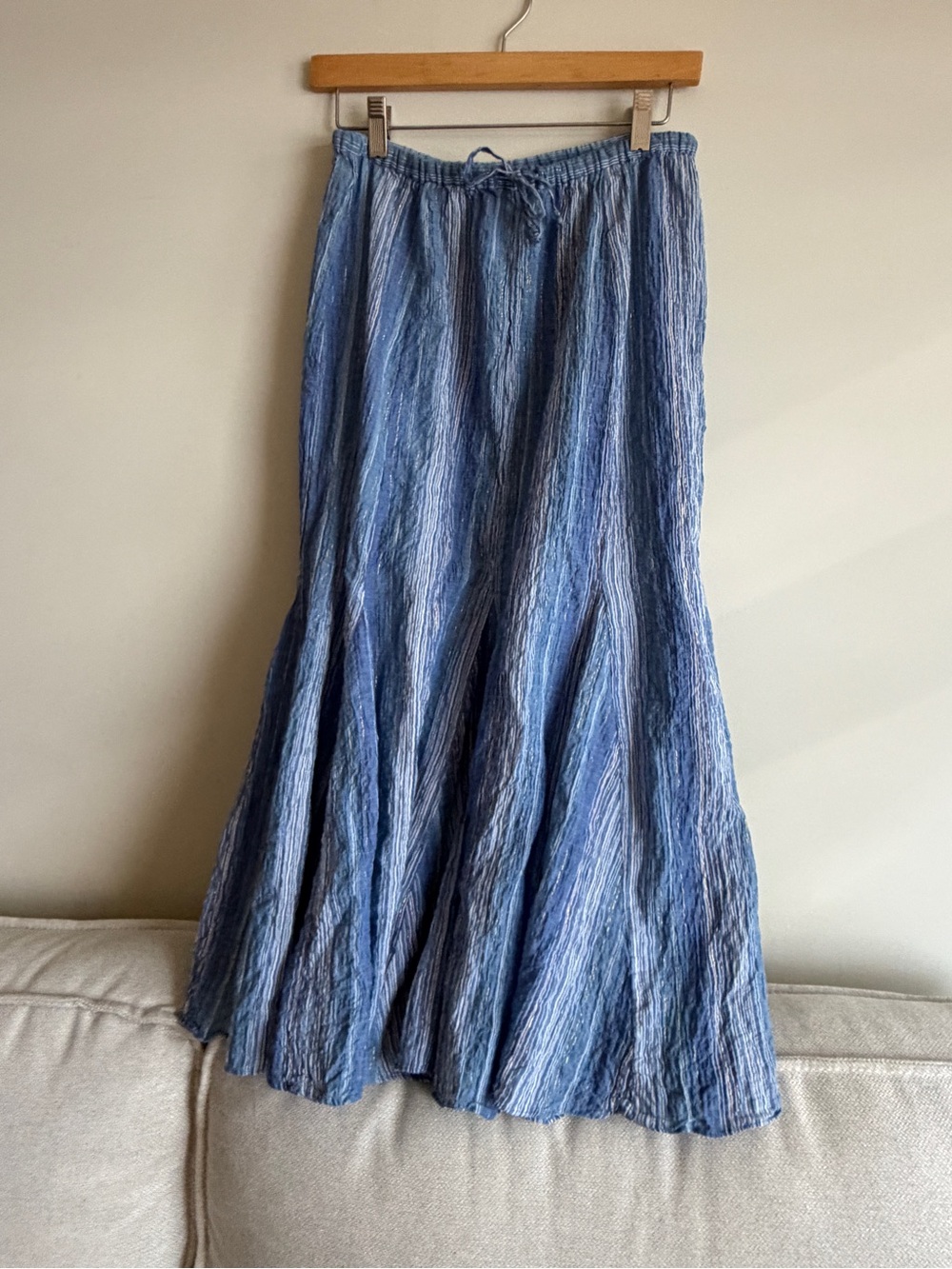 Women's Blue Crinkled Maxi Skirt with Drawstring Waist